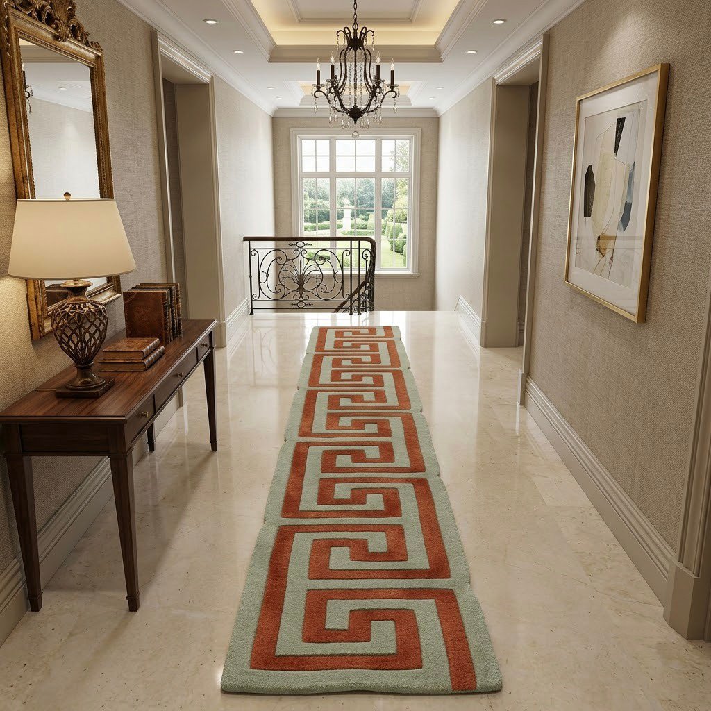 Terracotta & Sage Greek Key Runner Rug