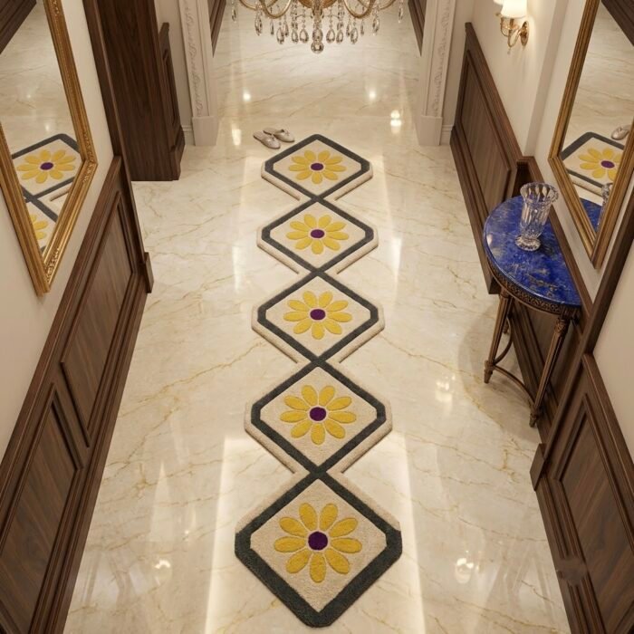 Golden Daisy Diamond Runner Rug with GOLDEN BROWN, CREAM, BLACK, PURPLE, GEOMETRIC, FLORAL, CREATIVE, GRAPHIC, HAND TUFTED – product image 1