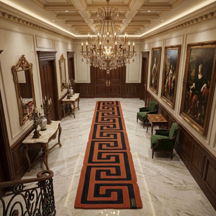 Terracotta & Charcoal Greek Key Runner Rug with ORANGE, BLACK, GEOMETRIC, GRAPHIC, CREATIVE, HAND TUFTED – product image 1