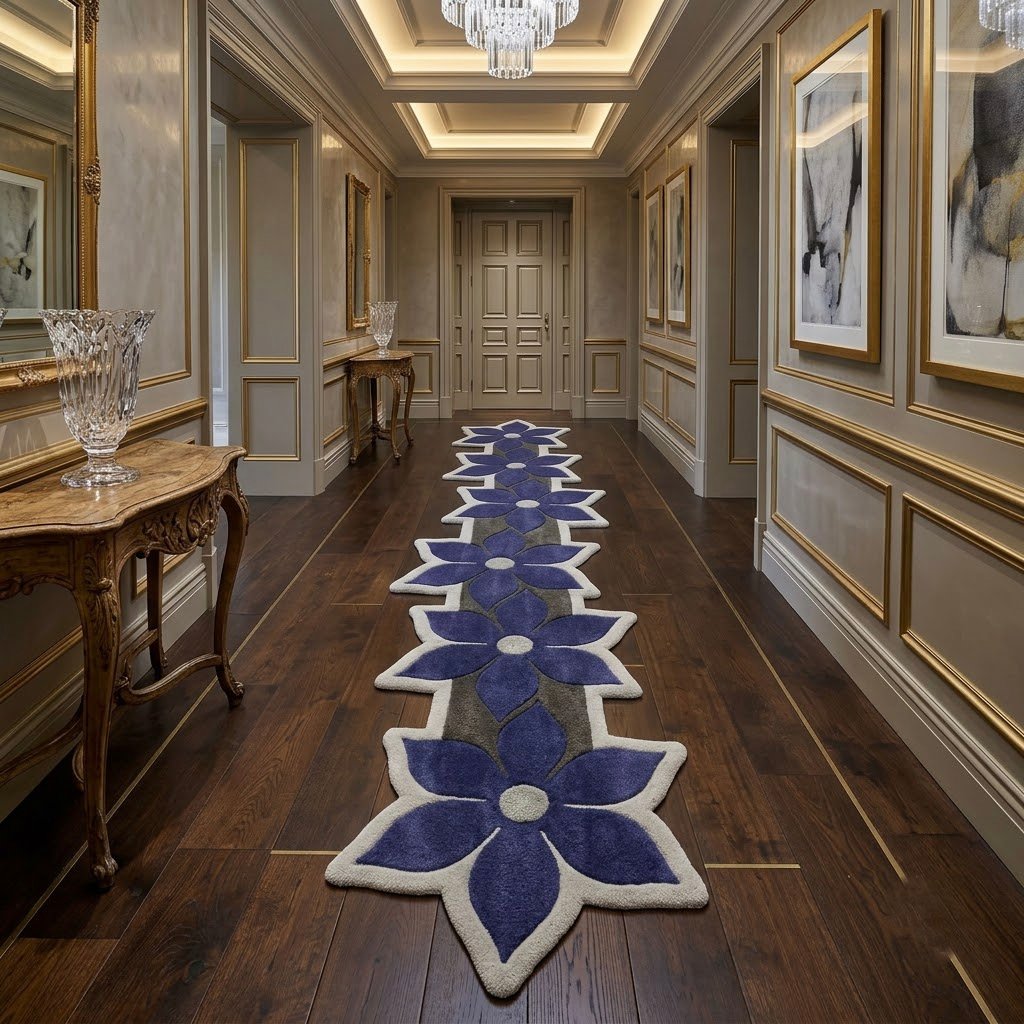 Royal Indigo Floral Sculpted Runner Rug
