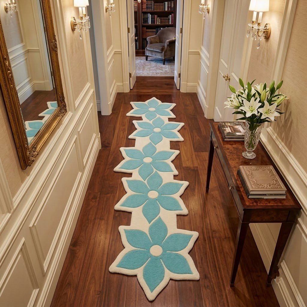 Turquoise & Ivory Floral Runner Rug