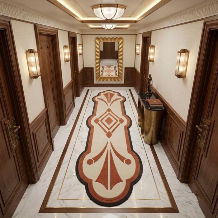 Terracotta & Ivory Geometric Crest Runner Rug with ORANGE, OFF WHITE, BROWN, GEOMETRIC, GRAPHIC, CREATIVE, HAND TUFTED – product image 1