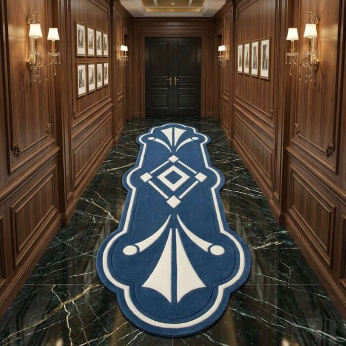 Royal Navy & Ivory Geometric Runner Rug with NAVY BLUE, OFF WHITE, GEOMETRIC, GRAPHIC, CREATIVE, HAND TUFTED – product image 1