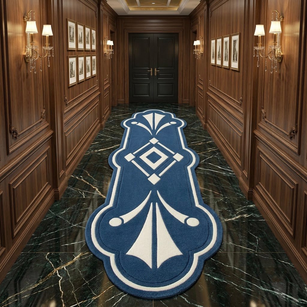 Royal Navy & Ivory Geometric Runner Rug