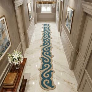 Teal and Ivory Ornamental Runner Rug with Teal, OFF WHITE, ORNAMENTAL, ORNATE SWIRL, ABSTRACT, HAND TUFTED – product image 1