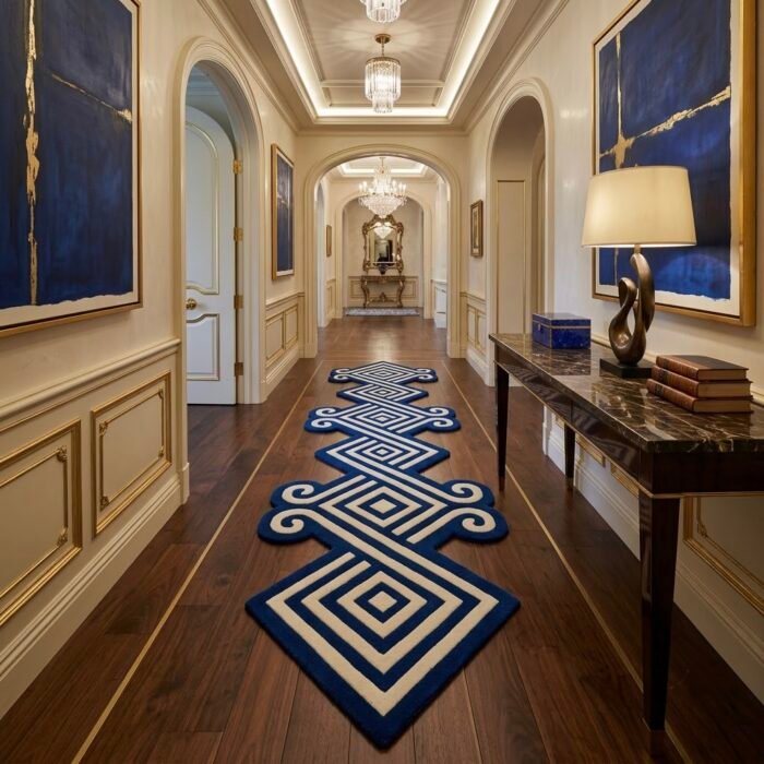 Navy Diamond Scroll Runner Rug handmade rug - Indian Carpets