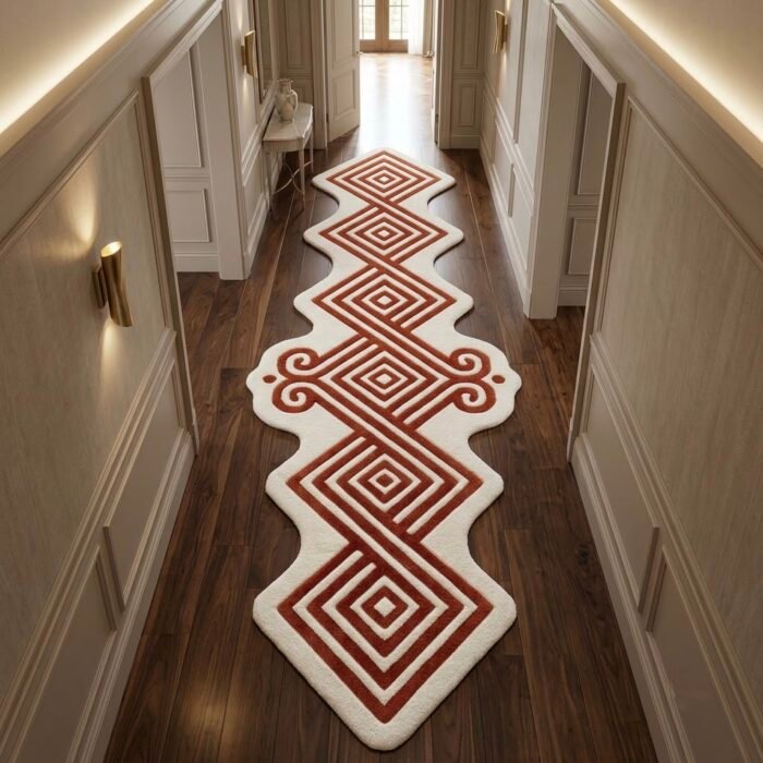 Rust Geometric Runner Rug handmade rug - Indian Carpets