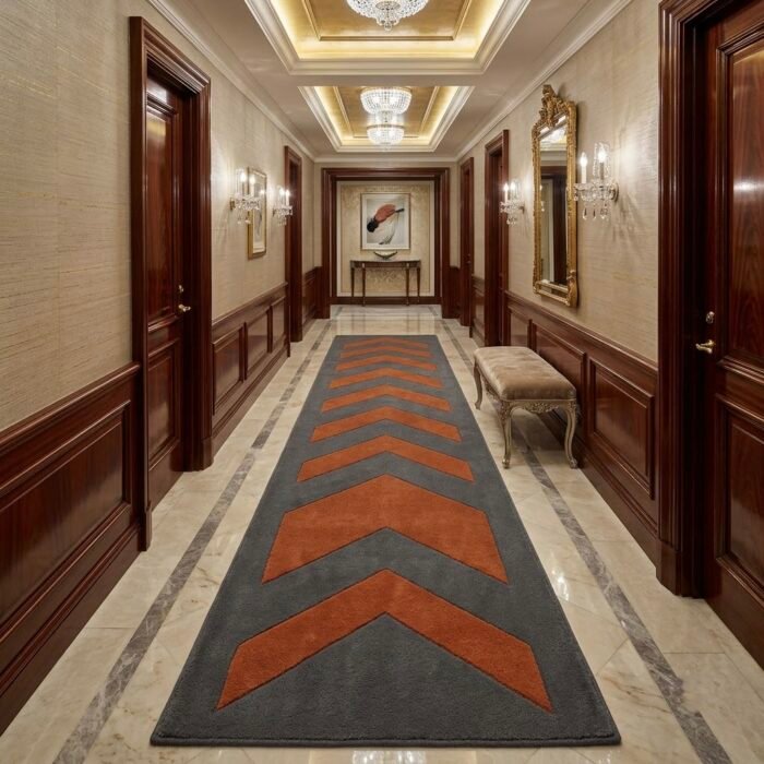 Terracotta V-Line Geometric Runner Rug with ORANGE, GREY, GEOMETRIC, GRAPHIC, CREATIVE, HAND TUFTED – product image 1