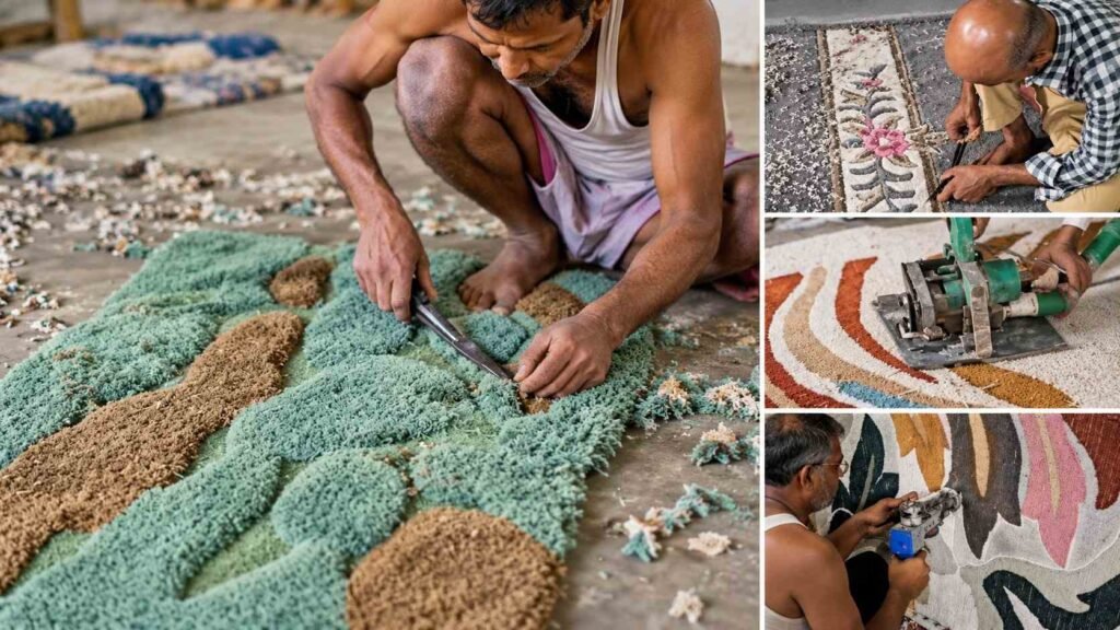 Carpet India: artisan trimming a handmade carpet during the finishing process in Bhadohi