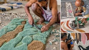 Carpet India: artisan trimming a handmade carpet during the finishing process in Bhadohi